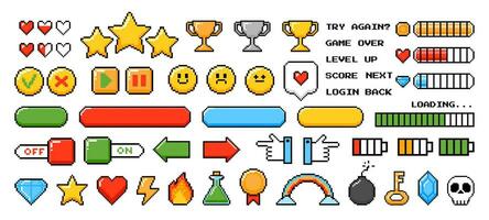 Pixel game elements. Graphic 8bits arcade games button, bars and symbols. Game levels, menu and icon. Digital pixels heart, start, trophy, bomb and crown. Vector set