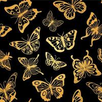 Golden butterflies seamless pattern. Gold butterfly in flight, moth with detailed ornament on wings outline on black background. Vector texture for wrapping and cover