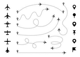 Plane route line. Airplane with dashed trace and map pin at start. Various aircrafts and destination pins icons. Editable stroke path. Infographic vector set