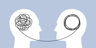 Psycho therapy. Therapist and patient heads with tangled knot and unraveling thread of thoughts. Mental health, problem solving and brainstorm vector concept