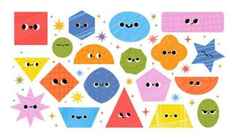 Geometric figures character. Geometry abstract characters with funny face. Colorful geometrical shapes with different texture for kid preschool education. Vector set