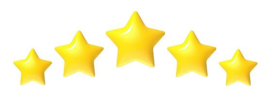 Five stars review. 3d golden yellow customer feedback stars, 5 star review appraisal hotel label. Top rate reward icons, quality product symbol. Vector set