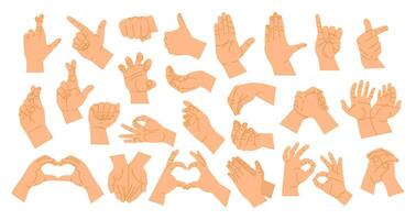 Hand gestures poses. Cartoon human hands showing different signs. Fingers and palm gesture. Showing position stop, heart, fist, pose with forefinger, various arm vector illustration