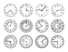 Vintage clock face. Antique classic round clocks with arabic and roman numerals, retro watch face with hour and minute arrow. Time symbol isolated vector set