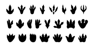 Dinosaur footprint. Black dino silhouette fossil paw print. Monster reptile footsteps. Paleontology fossil footprints. Tyrannosaurus, triceratops paws vector set