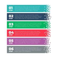 Option infographics. Pixel color banners with mosaic gradient, horizontal rectangular strips with 6 steps options. Business infographic vector template