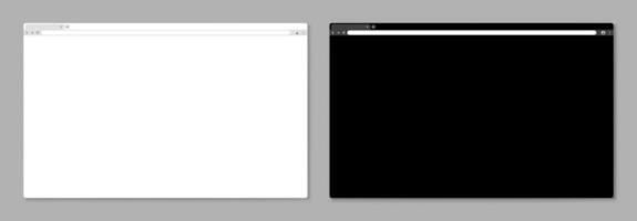 Browser mockups. Blank website window for desktop computer with tab, toolbar and search field. Empty internet latest browser template, light and dark mode page vector set