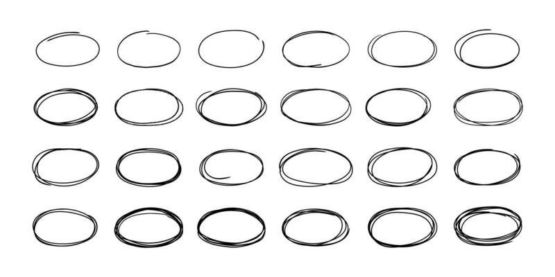 Sketch oval frame. Hand drawn round shape, doodle highlight notes. Grunge brush ellipse, pencil bubble speech. Selection important text frames, isolated vector set