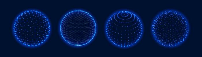 3d grid spheres with light dots. Atom Earth orb, science globe with particles virtual reality mesh balls. Abstract glowing blue spheres vector set