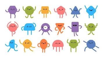 Simple geometric shape character. Cartoon funny geometry figures. Walking triangle, happy circle, angry oval, smiling pentagon. Flat minimal design vector set