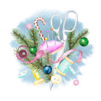 Watercolor New Year sewing card with buttons, threads, ribbon, scissors for needlework. png