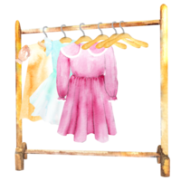 vattenfärg illustration av en klänning för en flicka på en galge. sömnad barns kläder, hand teckning. png