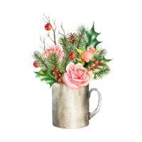 desenhado à mão aguarela ilustração do uma Novo anos caneca com rosas, Natal árvore galhos e bolas. png