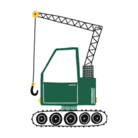 Simple flat illustration of green lifting crane. Kids transport clipart. Lifting crane with hook. Hand drawn cute childish illustration on isolated background png