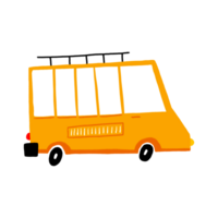 geel mini busje voor camping of reizen activiteiten. concept zomer avontuur en toerisme. kinderen hand- getrokken vlak illustratie Aan geïsoleerd achtergrond. png