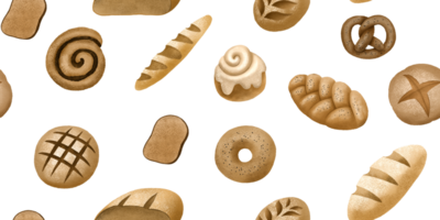 sem fim padronizar com pão e padaria produtos. cozido bens fundo. mão desenhado fresco padaria padronizar. desatado fundo. png