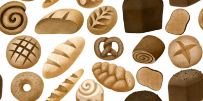 seamless hand drawn pattern with bread.  Illustration of fresh yeast-free sourdough bread. Appetizing baked goods. Hand-drawn design png