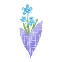 Bouquet with blue flowers in purple wrapping paper. Gift for a woman. Cute hand drawn illustration on isolated background png