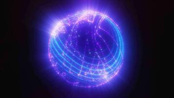 Abstract blue purple glowing digital high-tech futuristic energy plasma sphere with lines and particles on dark black background. Video in high quality 4k, motion design. Big data concept