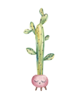 home flower with a twig in a flowerpot with a cute face and eyes, childrens watercolor illustration on a isolated background png