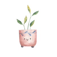 home flower with a twig in a flowerpot with a cute face and eyes, childrens watercolor illustration on a isolated background png