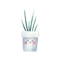 home flower with a twig in a flowerpot with a cute face and eyes, childrens watercolor illustration on a isolated background png