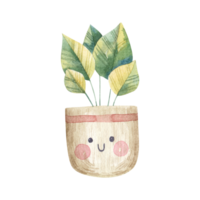 home flower with a twig in a flowerpot with a cute face and eyes, childrens watercolor illustration on a isolated background png