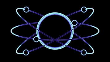 Animation of moving particles in orbit of atom. Design. Simple animation with moving electrons around atom. Trajectory of electrons around atom on black background photo