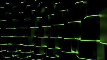 Rows of squares with neon lines are moving in stream. Motion. 3D cubes move in wave flow. Black squares with neon lines move in wave photo