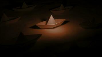 Paper boat in dark space. Design. Paper boats stand on water with colored light. 3D animation with paper boats and dramatic feeling photo