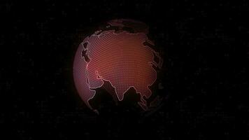 Looped digital pink rotating globe of Earth silhouette isolated on a black background. Motion. 3D animation of space with digital world map background for news . photo