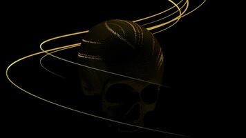 A skull in abstraction. Design. The skull next to which bright lines are spinning is made in 3d on a black empty background. photo