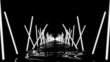 Moving 3d corridor with neon lines in dark. Design. Gloomy path in cyberspace with neon lines. Neon lines illuminate dark path in virtual space photo