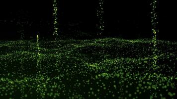Abstract green shiny futuristic digital space with unique dots and flying comets. Motion. Dark green wavy surface of tiny particles. photo