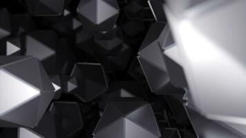 espacio con muchos poligonal formas diseño. poligonal geométrico formas moverse en corriente en negro antecedentes. un montón de geométrico 3d formas en fluir foto