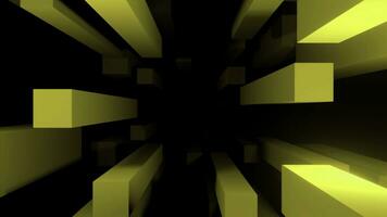 Abstract 3D yellow bars flying far in the distance on a black background, seamless loop. Design. Rectangular shaped lines. photo