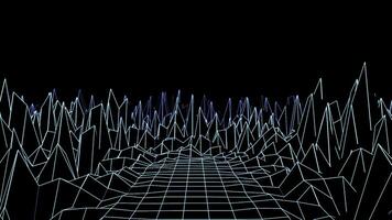 Retrowave travelling landscape with moving cliffs. Animation. Moving along sharp rocks and the lined road, grid on a black background. photo
