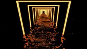 Square shaped tunnel with rippling water. Design. Abstract glowing red futuristic corridor with lamp frames and reflection of neon light in water, movement of liquid waves. photo