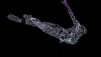 3D man of lines on black background. Design. 3D model of person made of tangled lines rotates in space. Silhouette of man in pose of liberation rotates and disappears photo