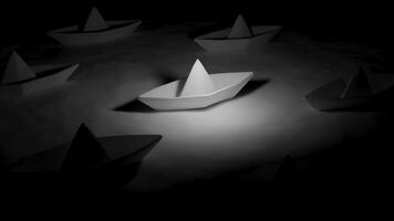 3d Paper boats. Design. Paper boats are standing in water in dark. 3d paper boats on the water surface in dark photo