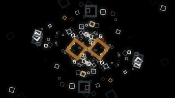 Futuristic background of cubic on black background. Animation. Neon square frames spread out with hypnotic matrix effect on black background photo