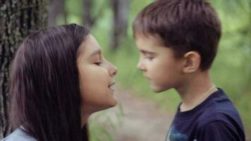 Portrait. A Little boy kissing with little girl and hugging hard loving hard each other while sitting in the park on a sunny day. Slow motion video