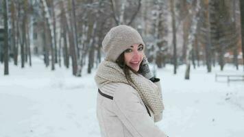 un hermosa joven mujer en un sombrero y bufanda va con su espalda en un invierno parque, luego vueltas y sonrisas mientras mirando a el cámara. lento movimiento video