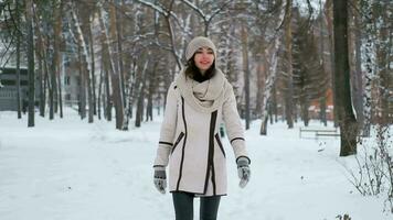 skön ung kvinna promenader i de parkera i vinter- utseende runt om och ler video