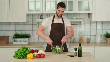 veganistisch Koken, mannetje chef, gezond aan het eten, voedsel levering. aantrekkelijk Mens voorbereidingen treffen veganistisch salade voor ontbijt video