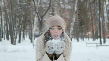 aantrekkelijk jong vrouw met blauw ogen en donker haar- in een winter Woud in een mooi zo humeur slagen uit de sneeuw van de wanten glimlachen en vervolgens gooit de sneeuw omhoog. langzaam beweging video