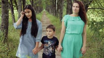 retrato. feliz lindo mãe com dela filha e filho passeando através a parque segurando mãos sorridente e desfrutando natureza em uma verão ensolarado dia video