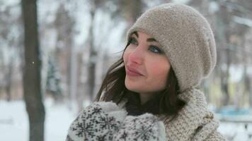 portrait de une Jeune femme avec bleu yeux dans une chapeau et Mitaines dans une hiver parc qui regards une façon et sourit. lent mouvement video