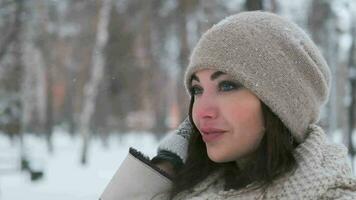 portrait of a beautiful girl in a bright hat with dark hair and blue eyes stands in the winter in the park and smiles cute.slow motion video