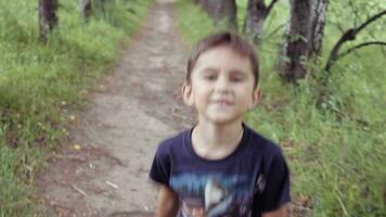 Portrait. A happy beatiful little boy walking in the park while bouncing on a summer sunny day video